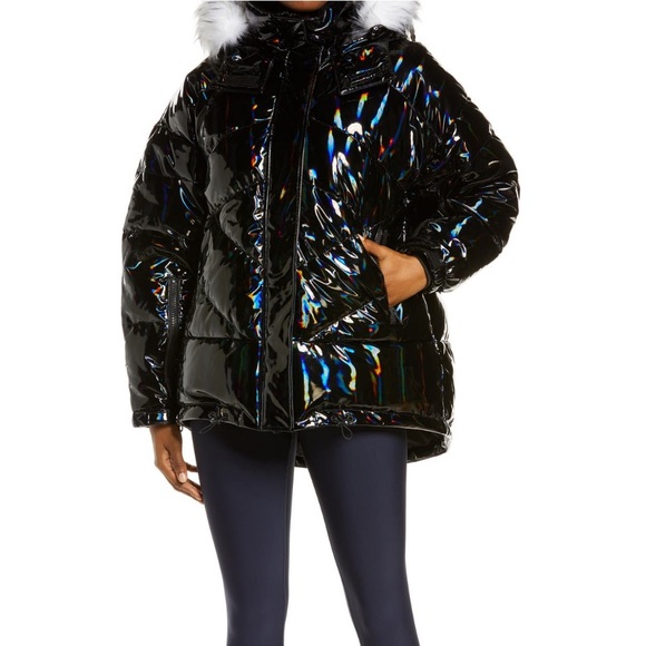 Blanc Noir Black Holographic Hooded Puffer Jacket Removable Faux Fur Hood NWT M - Picture 4 of 6